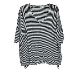 Eileen Fisher V Neck Organic Linen Blue Stripped Oversize Tee Top Size M